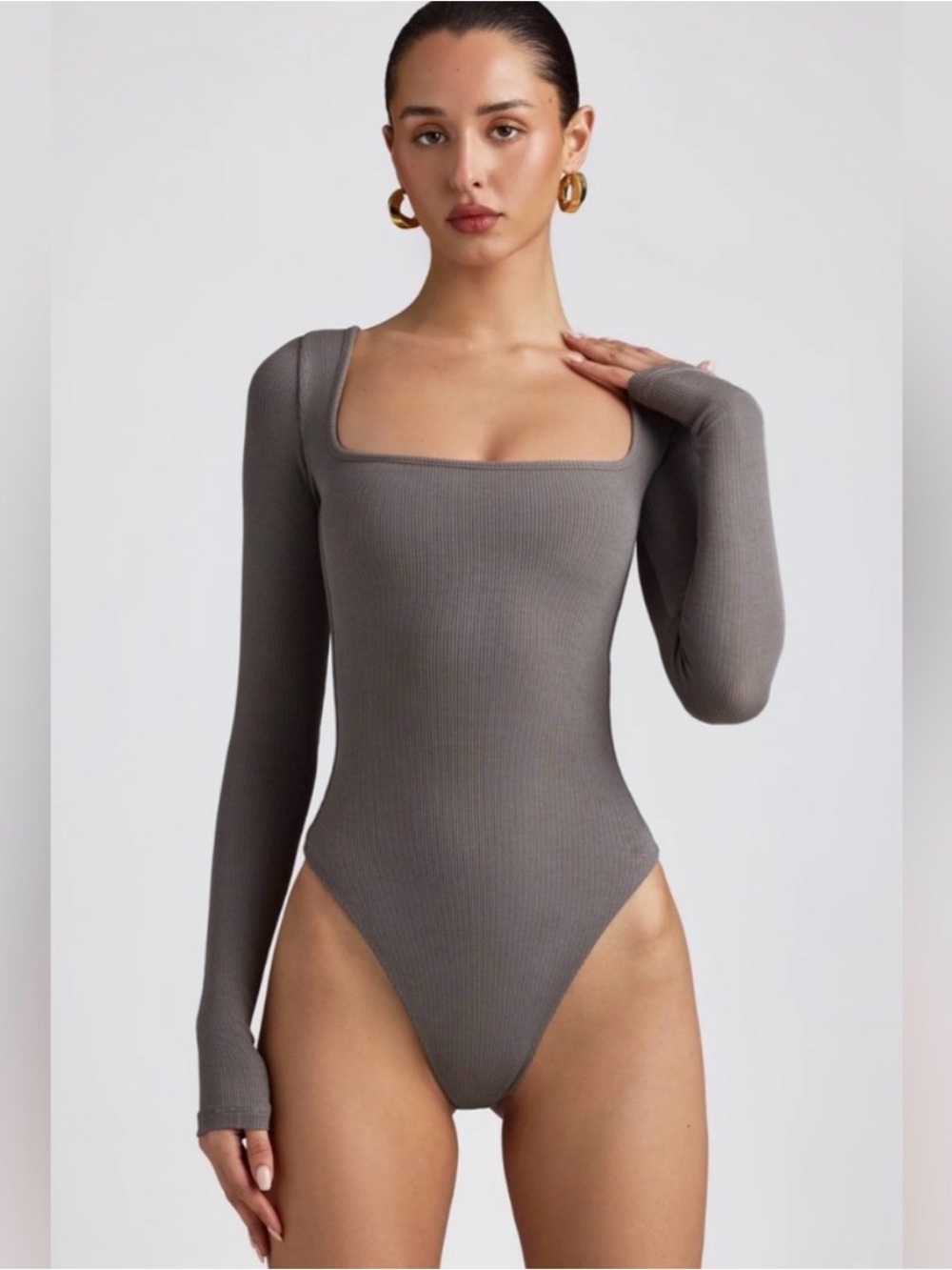 ☕️ Oh Polly | Ribbed Modal Long Sleeve Bodysuit in Grey (XXS) ☕️